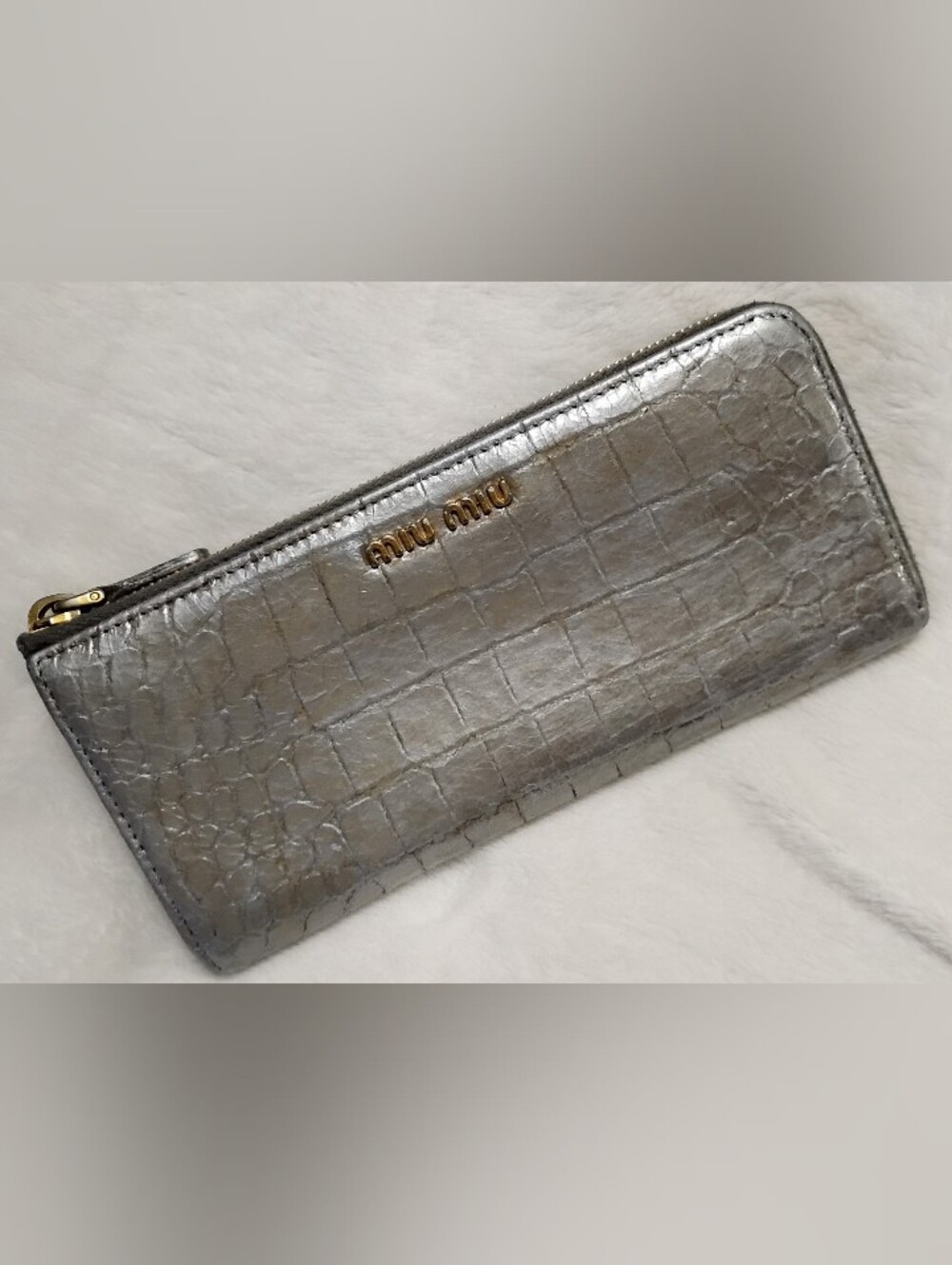 Miu Miu Metallic Silver Vintage Long Wallet! Croc-Embossed Zip with Gold Logo!
